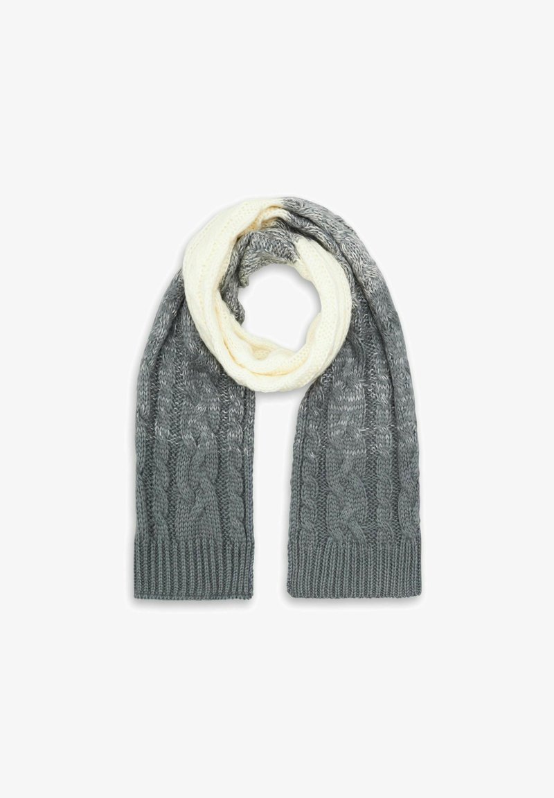 Grauer und weißer Schal aus grob gestrickter Wolle, gefaltet mit einer Schlaufe oben, zeigt strukturierte Muster und gerippte Kanten.