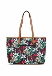 Tasche mit dunklem Blumenmuster in Rot, Grün und Weiß, mit braunen Ledergriffen und einer vorderen Reißverschlusstasche.