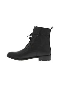 Bottine en cuir noir à lacets avec un bout rond, un design épuré, une semelle plate et une languette à l'arrière pour un enfilage facile.