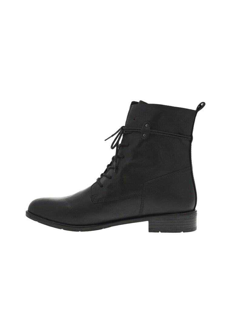 Bottine en cuir noir à lacets avec un bout rond, un design épuré, une semelle plate et une languette à l'arrière pour un enfilage facile.