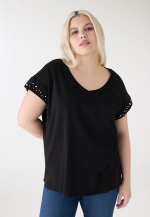 CON SCOLLO A V E PERLE - T-shirt con stampa - nero
