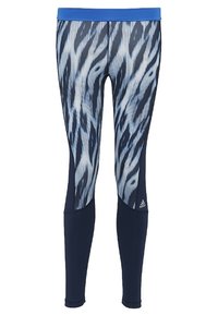 Marinefarbene Sportleggings mit einem blauen Bund, die ein dynamisches Muster in Weiß und Dunkelblau zeigen und aus dehnbarem Stoff für hohen Komfort gefertigt sind.