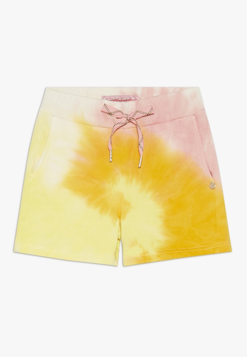 Shorts tie-dye pour enfants en rose, jaune et orange avec poches avant et ceinture à cordon rose sur fond blanc.
