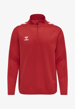 Pullover rosso con colletto a zip, maniche lunghe e accenti a forma di chevron bianchi sulle spalle; presenta il logo "Hummel" sul petto.