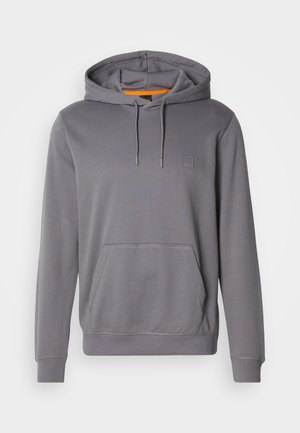 Gray hoodie made of soft fabric with a kangaroo pocket, adjustable drawstrings, logo patch on chest, and contrasting orange interior.