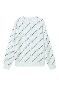 Felpa azzurra chiara, realizzata in tessuto morbido, con una stampa all-over del logo "Calvin Klein Jeans" in nero. Collo rotondo e maniche lunghe.