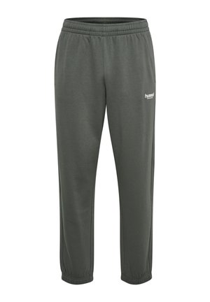 Mørkegrå elastiske sweatpants med elastisk talje og elastiske manchetter samt et lille hvidt Hummel-logo på venstre lår.