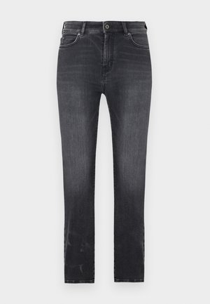 Mörkgrå denimjeans med rak benform, utrustade med knappstängning, fem fickor och subtila blekta detaljer på tyget.