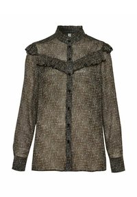 Sheer brown blouse with vertical stripes, ruffled collar, long sleeves, front buttons, and textured fabric finish. Accented with black detailing.