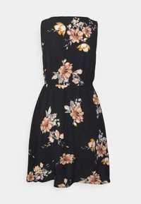 Schwarzes Blumenkleid mit tailliertem Oberteil und elastischem Bund. Mit floralen Mustern in Blassrosa und Gelb sowie grünen Blättern. Kurzer, fließender Rock.