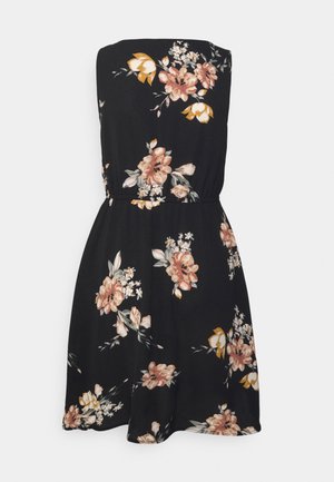 Svart blommig klänning med åtsittande överdel och elastisk midjeband. Har rosa och gula blomstertryck med gröna blad. Kort, lätt skir kjol.
