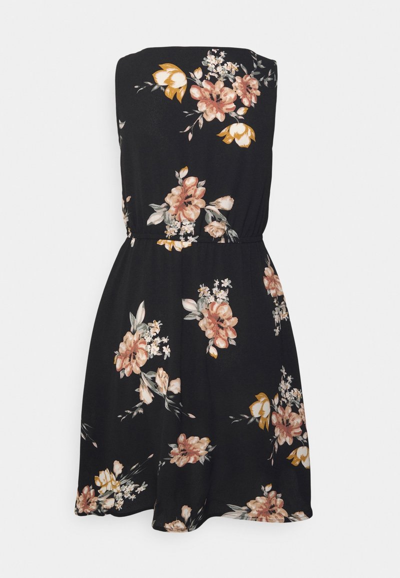 Schwarzes Blumenkleid mit tailliertem Oberteil und elastischem Bund. Mit floralen Mustern in Blassrosa und Gelb sowie grünen Blättern. Kurzer, fließender Rock.