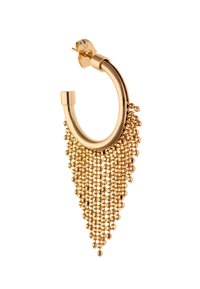 Guldørering med en faldende frynse af små metalliske perler, med en glat, blank overflade og et cirkulært, åbent design.