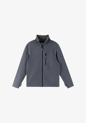 Veste en polaire grise avec col haut, fermeture éclair intégrale sur le devant, poche sur la poitrine gauche et détail de logo sur la manche droite. Texture douce, coupe décontractée.