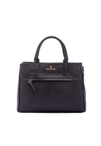 Borsa a mano in pelle nera con superficie testurizzata, manici doppi, tasca con zip frontale e accento del logo dorato sulla parte anteriore. Forma rettangolare.