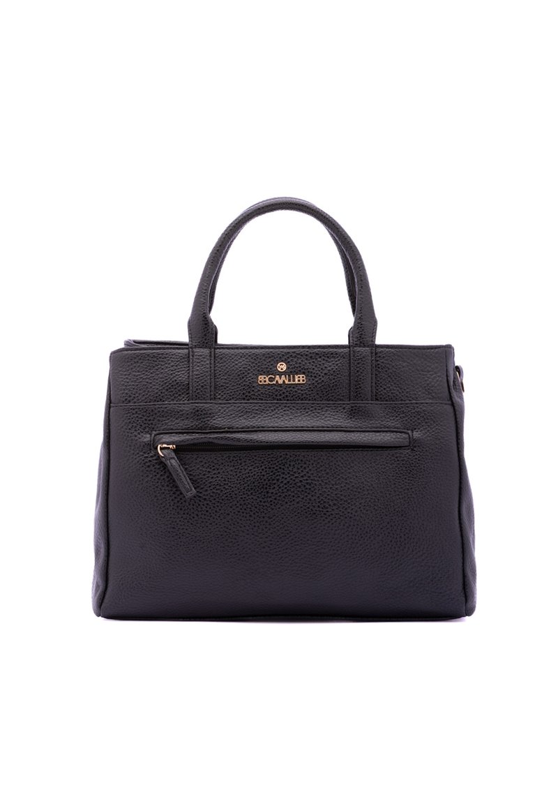 Borsa a mano in pelle nera con superficie testurizzata, manici doppi, tasca con zip frontale e accento del logo dorato sulla parte anteriore. Forma rettangolare.