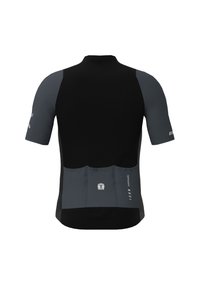 Korte mouwen fietsshirt in zwart en donkergrijs, met een gestructureerd materiaal, een achterzak en reflecterende accenten voor zichtbaarheid.