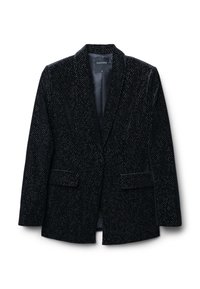 Blazer in velluto nero con una vestibilità slim, colletto a scollo a V, due tasche frontali e una texture a pois sottile. Il tessuto appare morbido e lussuoso.