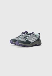 Pair of grey and dark teal Adidas Terrex trail running shoes with purple soles and light blue accents on a white background.