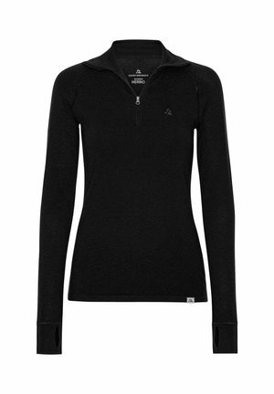 Chemise noire à manches longues zippée en laine mérinos, dotée d'un col haut, d'ouvertures pour les pouces et d'un petit logo sur la poitrine. Texture lisse.