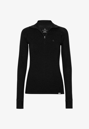 Maglia nera a maniche lunghe con zip, realizzata in lana merino, caratterizzata da un collo alto, aperture per il pollice e un piccolo logo sul petto. Texture liscia.
