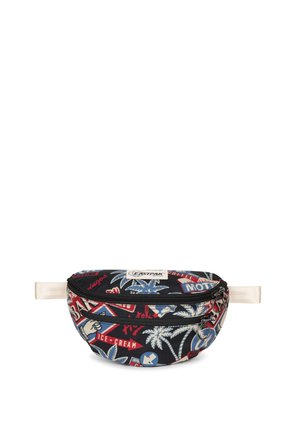 Marsupio in tessuto nero con grafiche multicolori, tra cui palme e vari patch a tema viaggio. Dotato di chiusura con zip e tracolla.