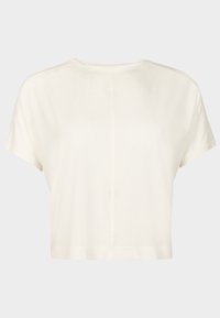 Cropped t-shirt in off-white, made of smooth cotton, featuring short sleeves, a round neck, and minimal stitching detail on shoulders.
