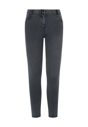 Pantaloni in denim grigio scuro con vestibilità slim, due tasche anteriori e chiusura a doppio bottone in vita. Tessuto liscio.