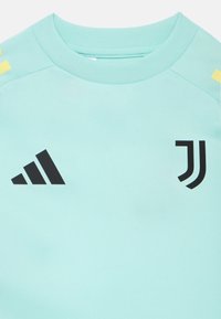 Vaaleansininen collegepaita, jossa musta Adidas-logo ja Juventuksen vaakuna. Pyöreä pääntie ja kulmikkaat keltaiset yksityiskohdat hartioissa. Pehmeä tekstuuri.