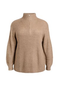 Beige gebreide trui met een hoge kraag, voorzien van een ritsluiting bij de nek en een geribbeld ontwerp. Relaxte pasvorm en afhangende schouders.