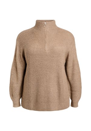 Beige knitted sweater with a high collar, featuring a zip closure at the neck and ribbed texture. Relaxed fit and dropped shoulders.
