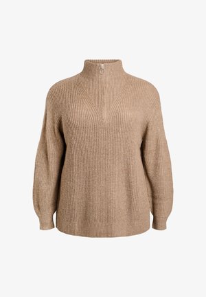 Šviesiai ruda megzta merino vilnos džemperis su aukštu apykakle, turintis užtrauktuką prie kaklo ir su raštuotu tekstūru. Laisvas siluetas ir nuleistos pečių siūlės.