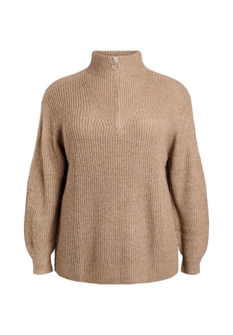 Beige gebreide trui met een hoge kraag, voorzien van een ritsluiting bij de nek en een geribbeld ontwerp. Relaxte pasvorm en afhangende schouders.