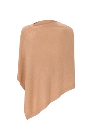 Poncho marrone chiaro realizzato in un morbido misto lana. Presenta un colletto rotondo e una forma triangolare, cadendo graziosamente con una texture liscia.