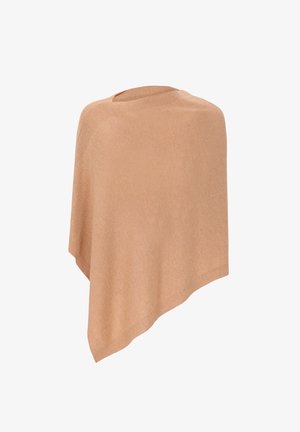 Poncho marrone chiaro realizzato in un morbido misto lana. Presenta un colletto rotondo e una forma triangolare, cadendo graziosamente con una texture liscia.