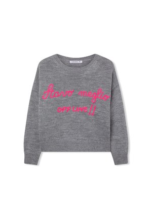 Maglione grigio a maglia con scollatura rotonda, caratterizzato da testo ricamato rosa "Stavo meglio OFF LINE!!" sul davanti e polsini a coste.