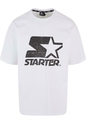 White cotton t-shirt featuring a large, cracked black "S" and star logo with the word "STARTER" underneath in bold font. Short sleeves.