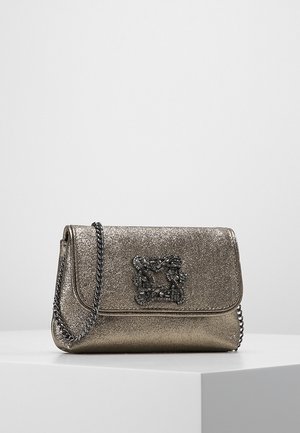 Small metallic gold clutch bag with a textured surface, decorative square embellishment on the front, and a dark chain strap.