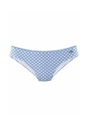 Hellblau-weiß karierte Bikini-Unterwäsche mit Muschelsaum und einem kleinen Markenmetall-Tag am Bund.