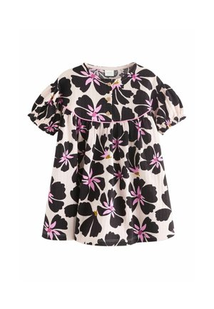 Vestido de manga corta para niño pequeño con estampado floral en negro y rosa, escote redondo, tres botones delanteros y mangas abullonadas con puños elásticos.
