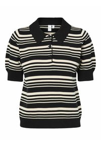 Černý a krémový pruhovaný polo tričko s krátkými puff rukávy, žebrovaným límcem a knoflíkovou légou se třemi knoflíky. Měkký pletený materiál, volný střih.