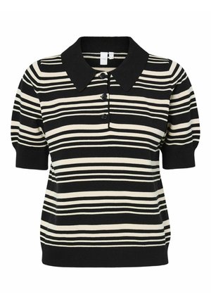 Svart och krämrandig polo skjorta med korta puffärm, ribbad krage och treknapplås. Mjuk stickad tyg, avslappnad passform.