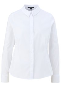 Camicetta bianca con bottoni, colletto classico, maniche lunghe e vestibilità sartoriale. Realizzata in tessuto liscio con un aspetto pulito e fresco.