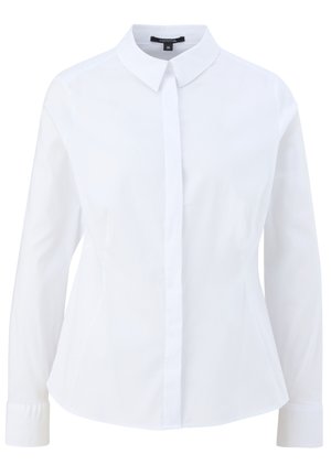 White, button-up shirt with a classic collar, long sleeves, and a tailored fit. Made of smooth fabric with a clean, crisp appearance.