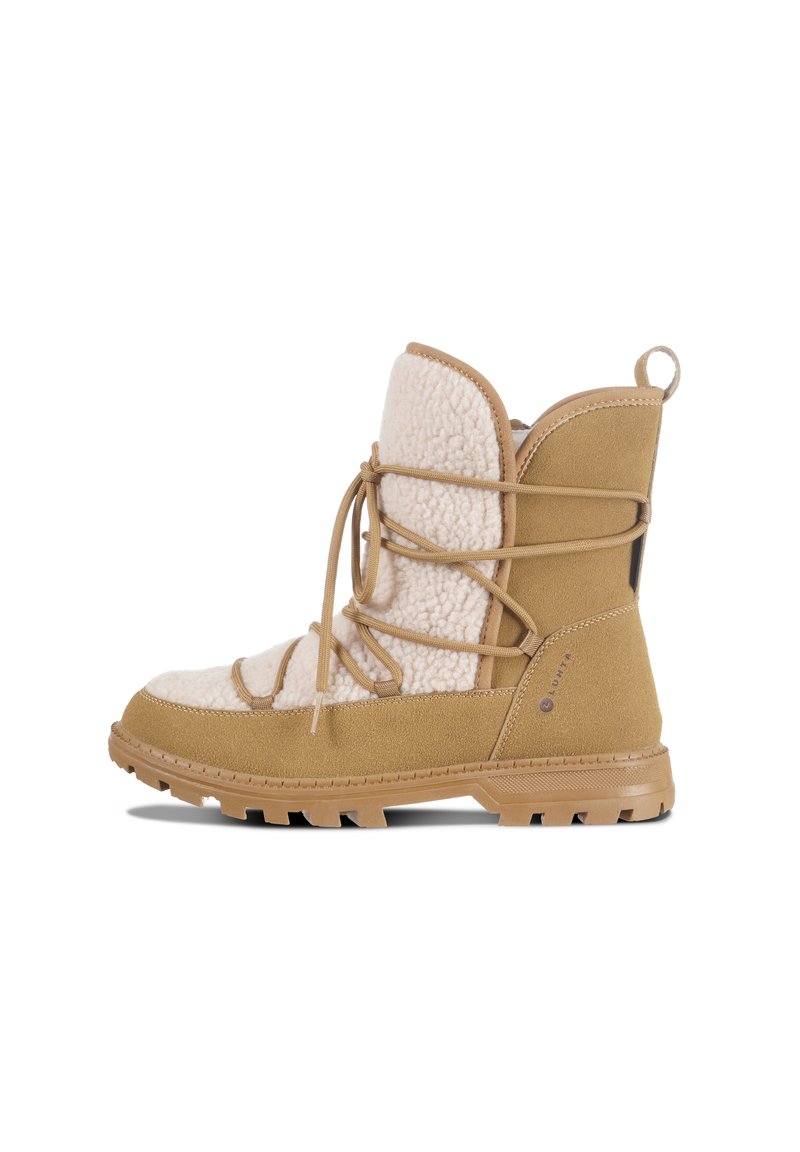 Tan ankle boots with a soft white fleece upper, lacing detail, and sturdy rubber soles featuring textured tread for grip.