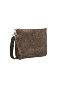 Clutch bag in tessuto marrone con una texture liscia, dotato di chiusura con zip, tracolla removibile e dettagli in hardware di colore argento.