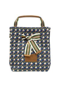 Torba typu tote wykonana z tkaniny o splocie, w kolorach niebieskim, beżowym i zielonym, z geometrycznym wzorem, wykończona paskiem w paski i brązową skórzaną łatką z logo.