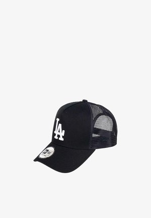 Schwarze Kappe mit Netzrücken, weißem "LA"-Logo auf der Vorderseite, strukturiertem Design, gebogenem Schirm und verstellbarem Snap-Verschluss.