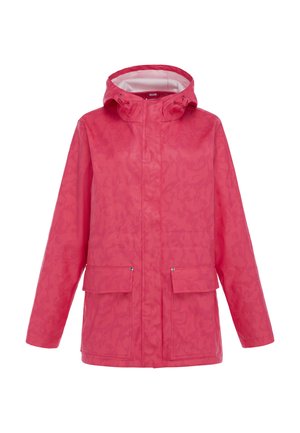 Roze regenjas met capuchon en lange mouwen, voorrits bedekt met een klep en twee klepzakken met drukkers.