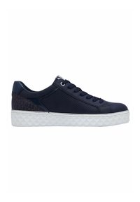 Sneaker blu navy con lati perforati, suola piatta bianca a motivo a rombi, punta arrotondata e design con lacci a cinque occhielli.